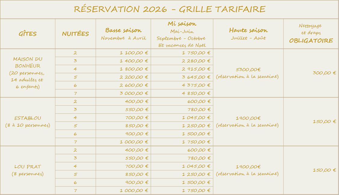 Grille tarifaire Domaine La Granja 2026