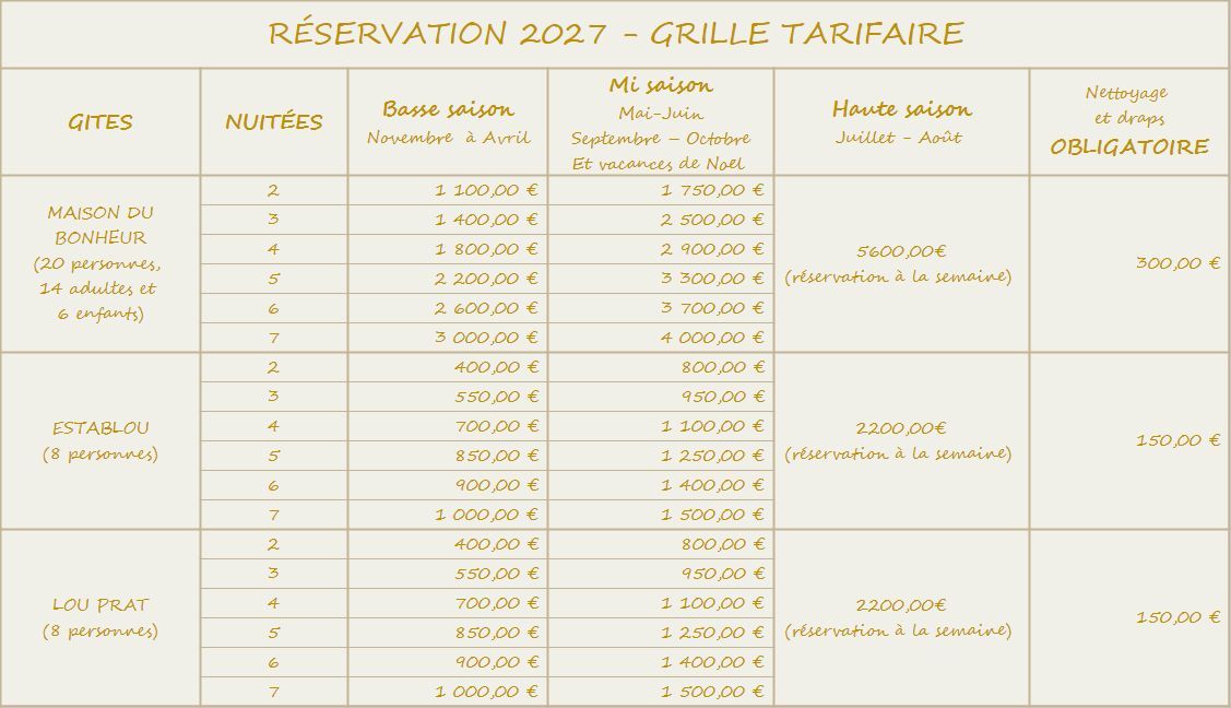 Grille tarifaire Domaine La Granja 2027